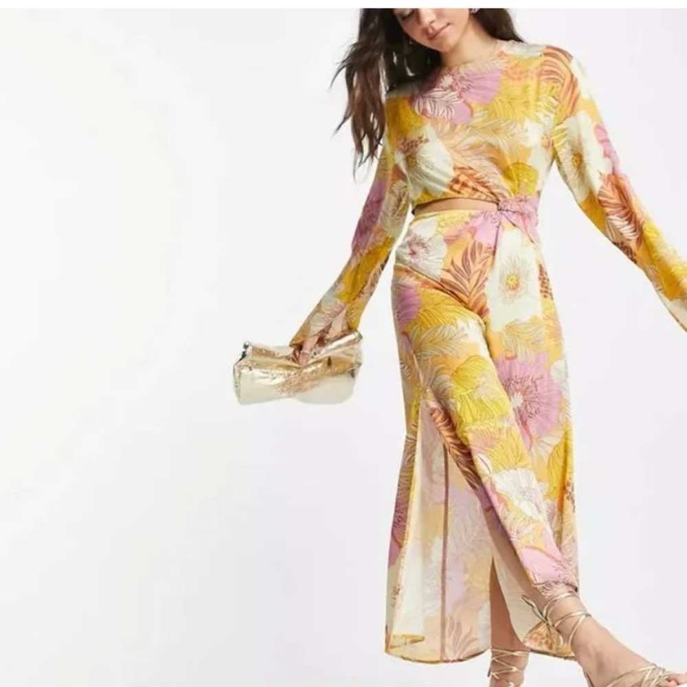 Topshop yellow floral cut out flowy skirt midi dress